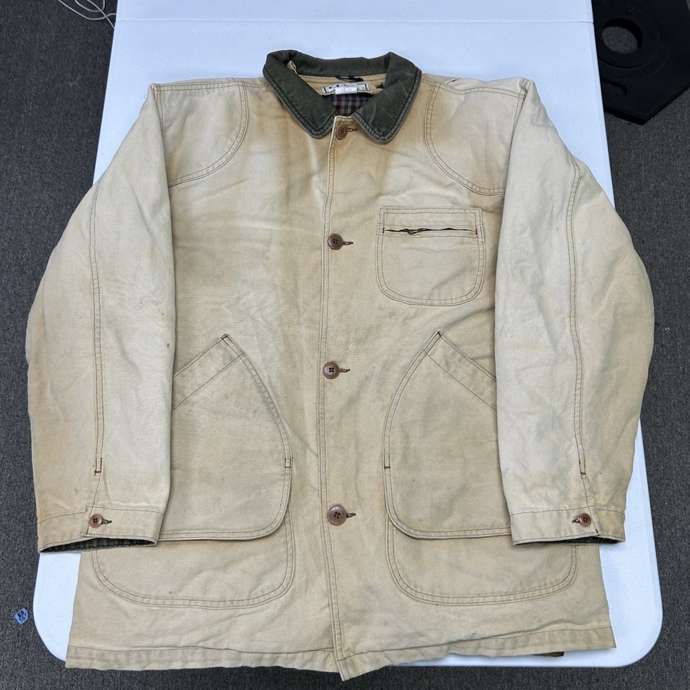 Vintage Canvas Barn Coat Men L tall Tan Corduroy Collar Flannel Lined Distressed